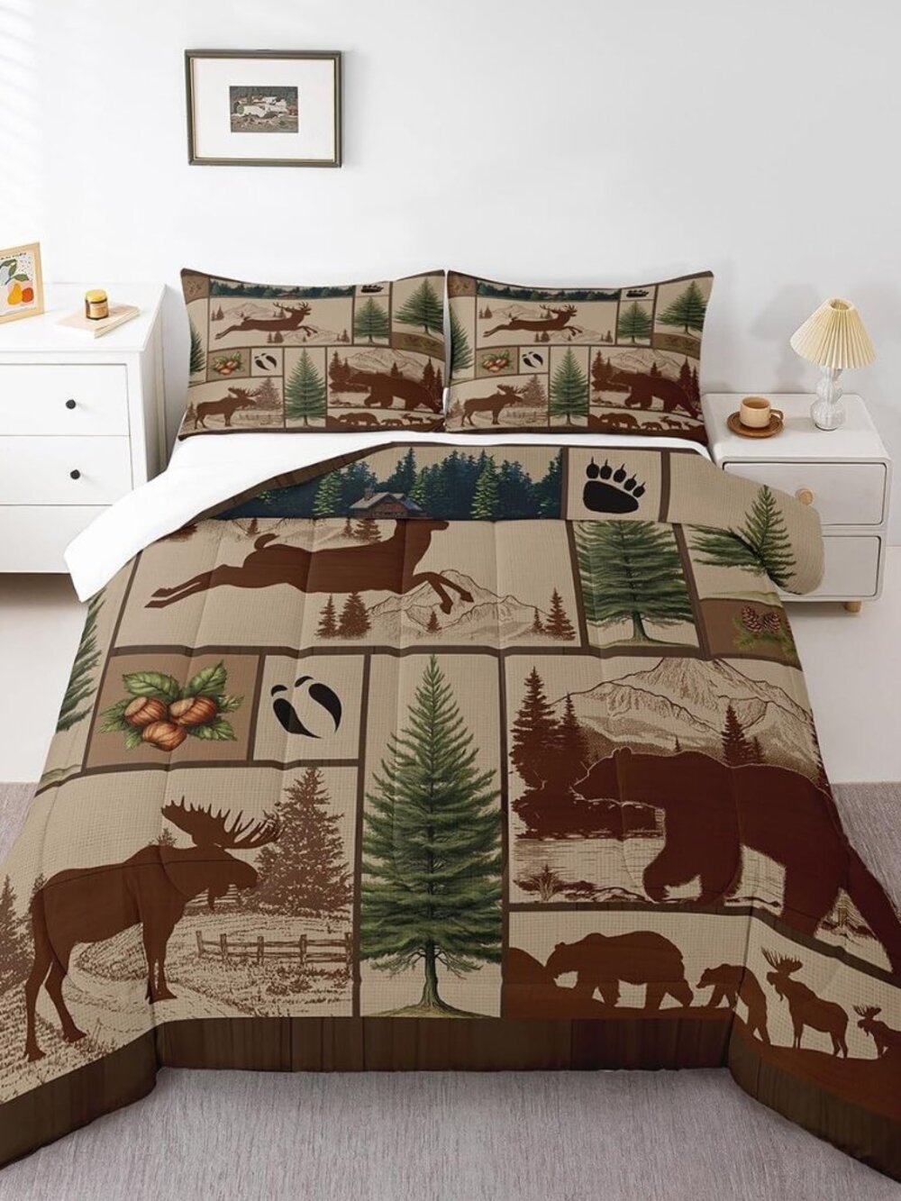 Rustic Cabin Comforter Set Queen Size, Bear Deer Tree Patchwork Down Comforter